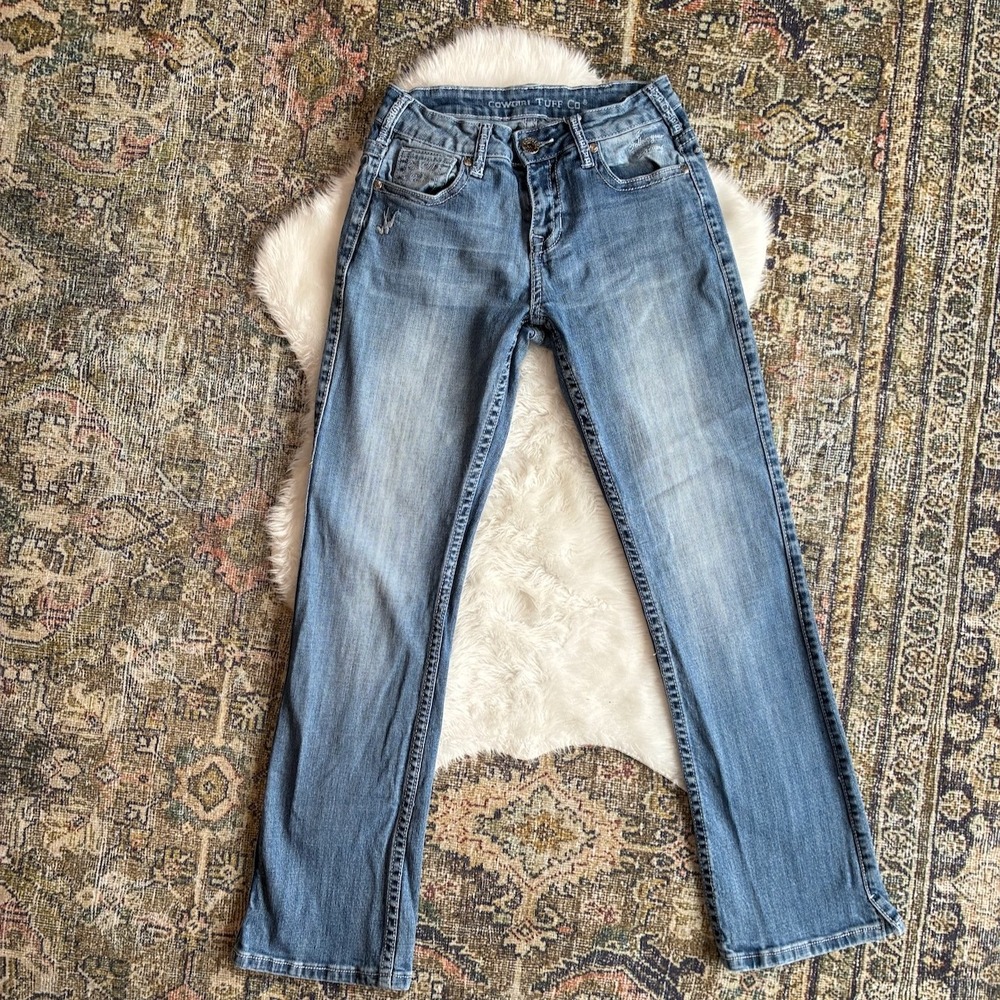 Cowgirl Tuff Co Women Blue Western Bootcut Split Hem Jeans Medium Wash 26x29